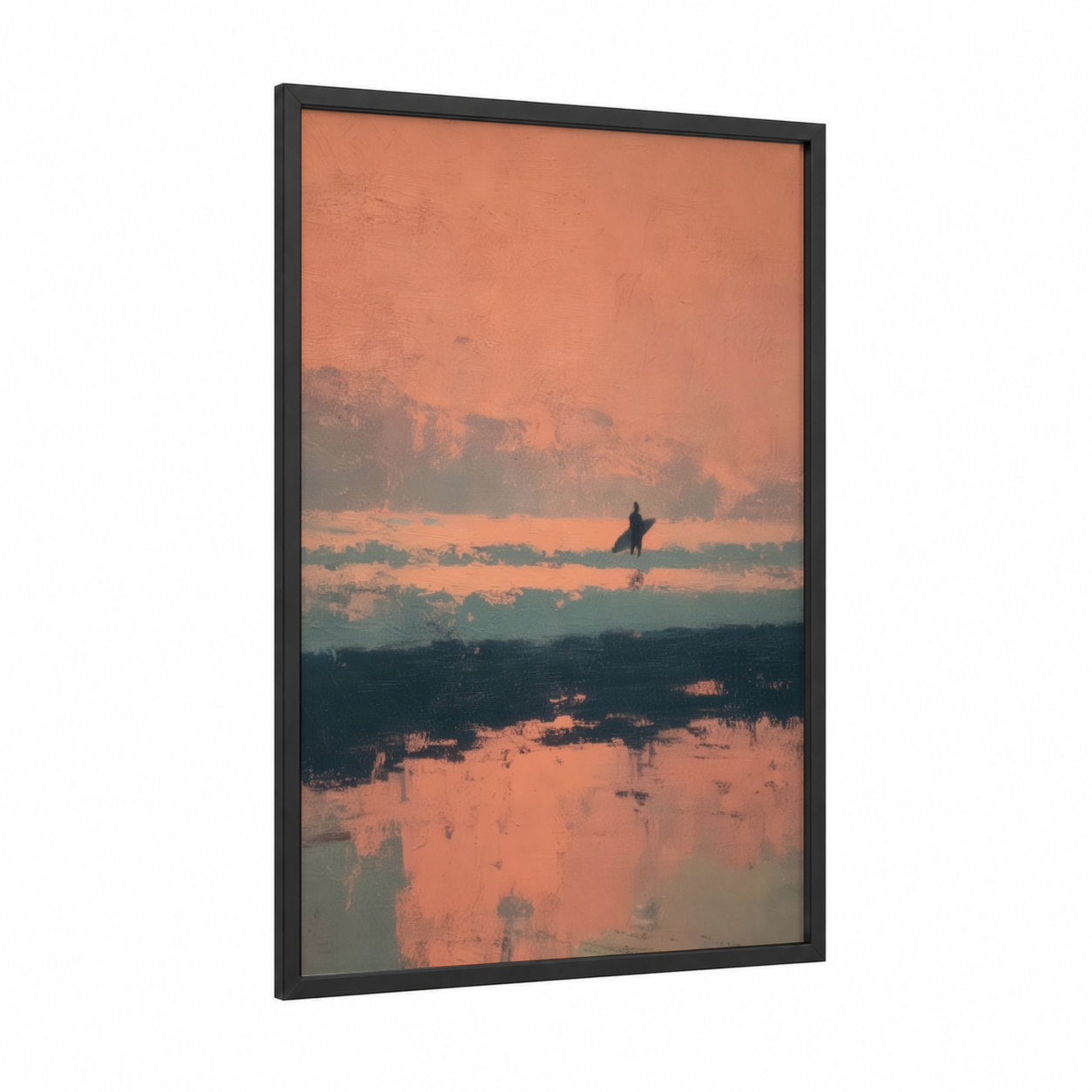 Golden Surfer framed water surfing print — black wood frame — peach and gold palette