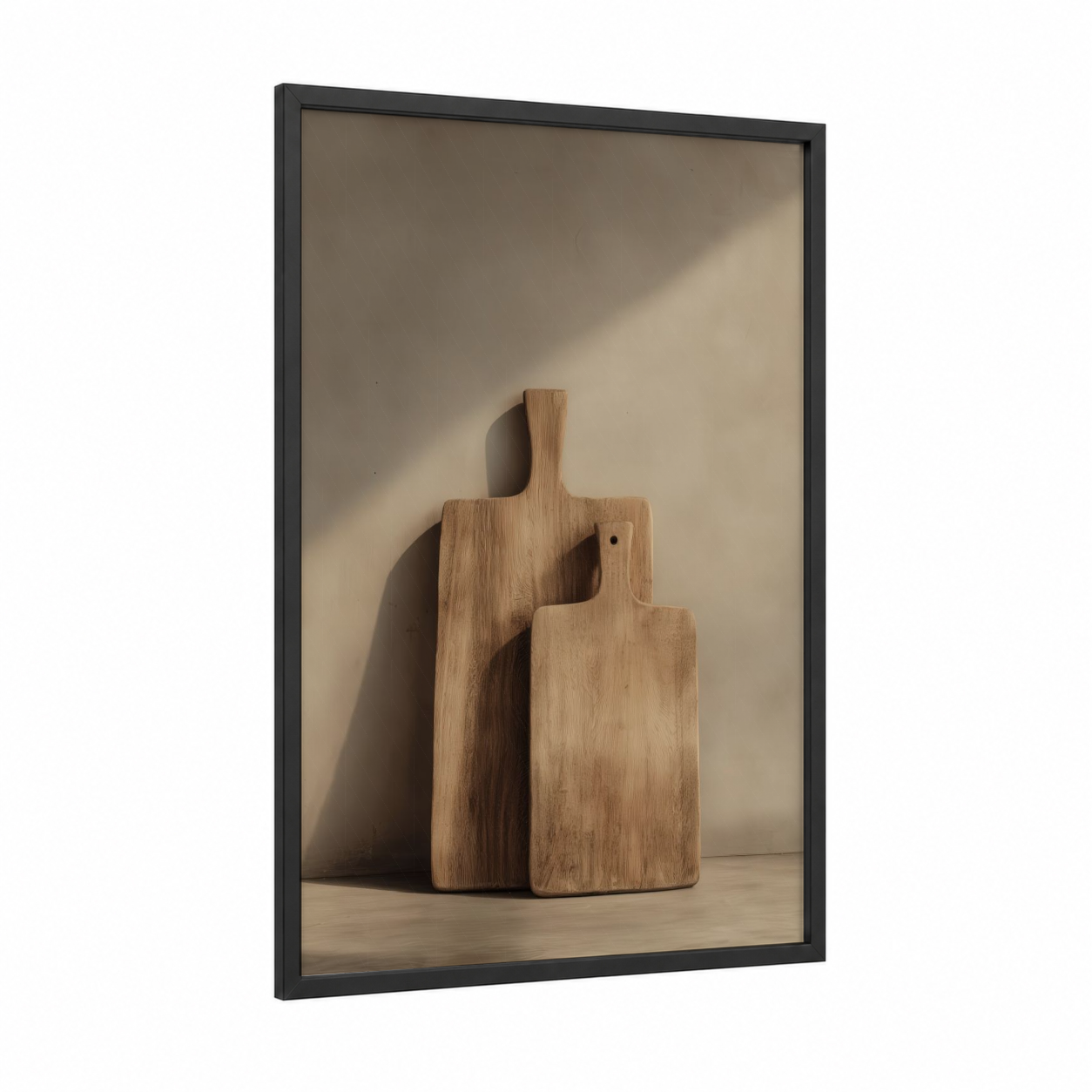 Wooden Cutting Boards framed kitchen utensils print — black wood frame — beige and brown palette