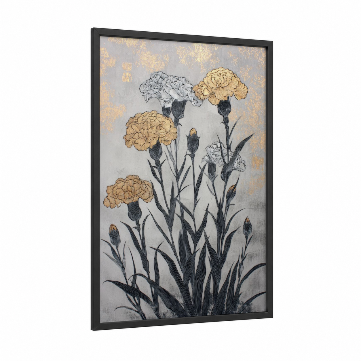 Golden Carnation Cluster framed carnations print — black wood frame — gold and gray palette