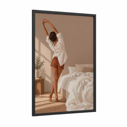 Morning Yoga Stretch Bedroom Wall Art framed fitness yoga print — black wood frame — beige and cream palette