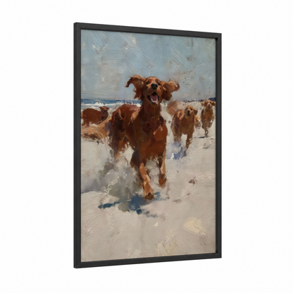Beach Setter Joy framed art print — black wood frame — blue and white and gold palette