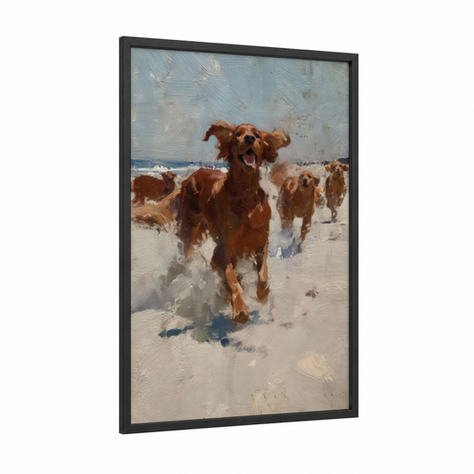 Beach Setter Joy framed art print — black wood frame — blue and white and gold palette