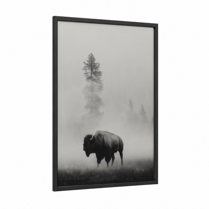 Misty Bison framed art print — black wood frame — black and white and gray palette
