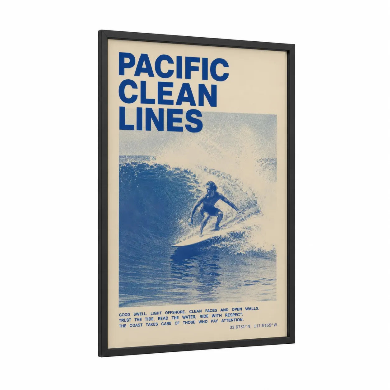 Vintage Surfing Ocean Wave Wall Art framed art print — black wood frame — blue and beige palette
