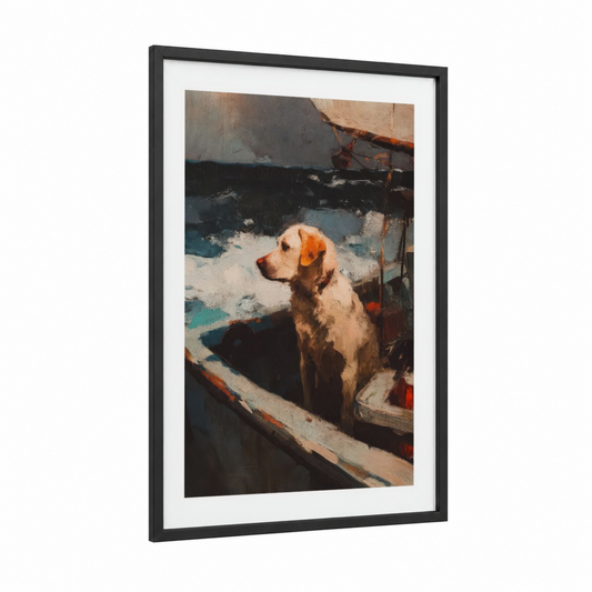 Nautical Retriever framed art print — black wood frame — gold and dark blue palette