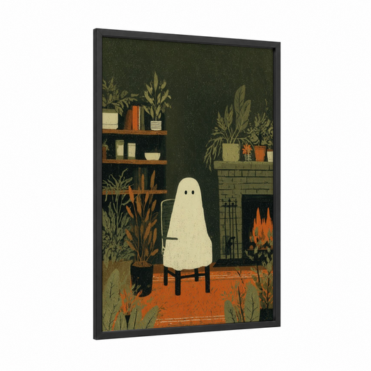 Cozy Ghost framed art print — black wood frame — dark green and orange palette