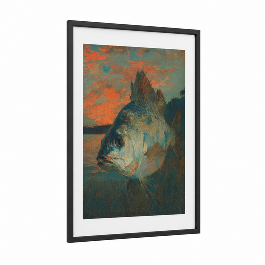 Sunset Dragon Fish framed art print — black wood frame — orange and teal palette