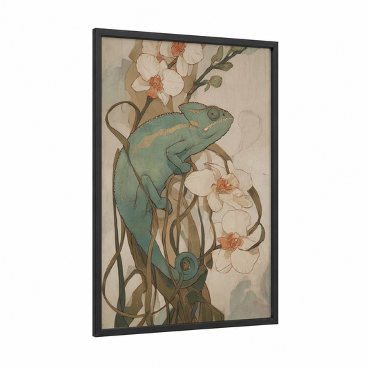 Turquoise Chameleon Orchids framed art print — black wood frame — teal and cream palette