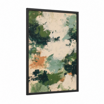 Verdant Abstraction framed abstract expressionism print — black wood frame — green and cream palette