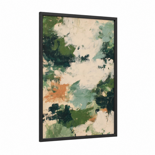 Verdant Abstraction framed abstract expressionism print — black wood frame — green and cream palette