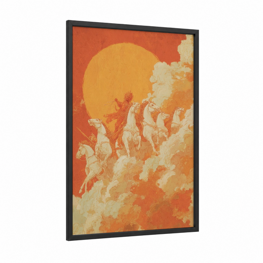 Celestial Chariot framed hinduism print — black wood frame — gold and orange palette