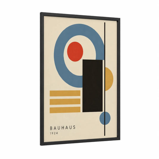 Bauhaus Geometric Composition Wall Art framed abstract geometric print — black wood frame — blue and red palette