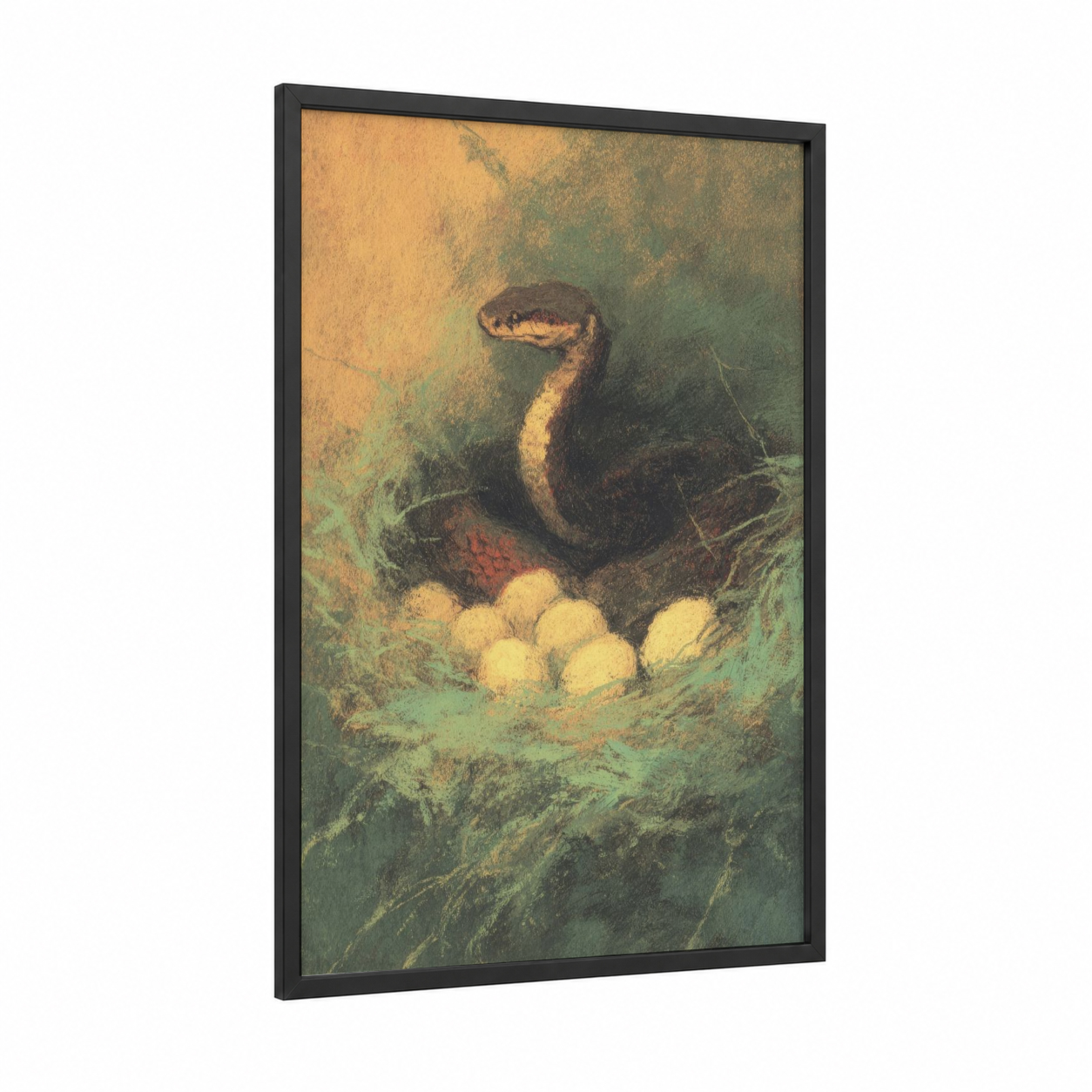 Nesting Cobra framed art print — black wood frame — sage green and gold palette