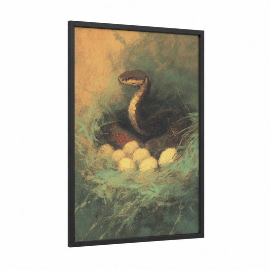 Nesting Cobra framed art print — black wood frame — sage green and gold palette