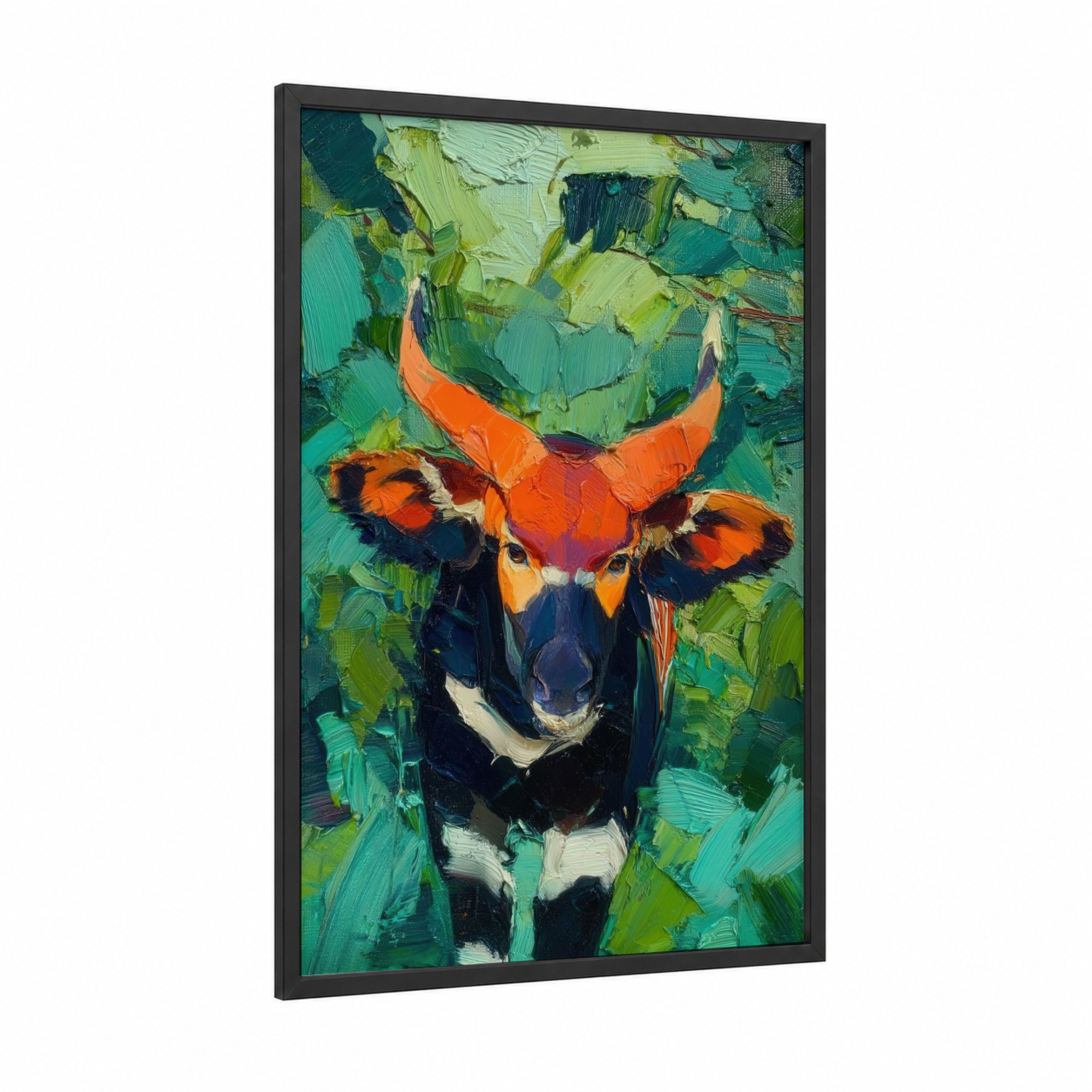 Orange Antelope framed art print — black wood frame — orange and true green palette