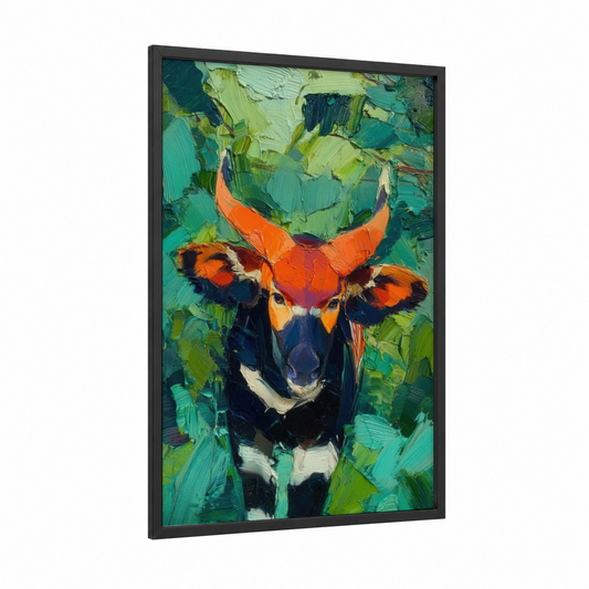Orange Antelope framed art print — black wood frame — orange and true green palette