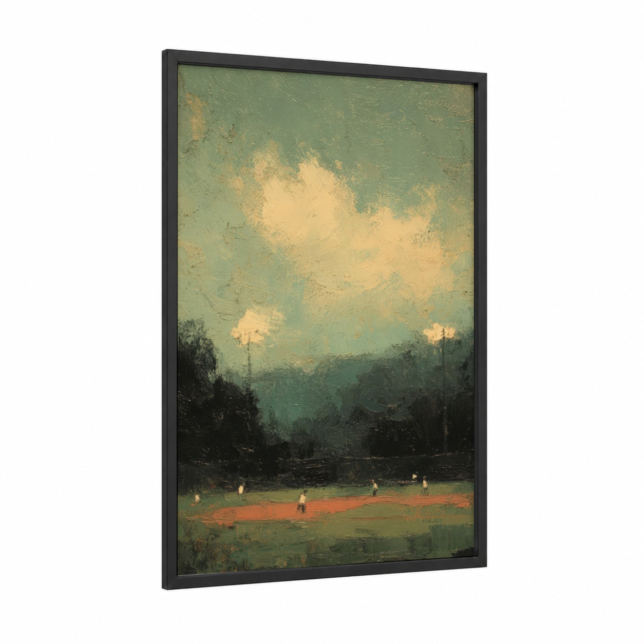 Twilight Baseball framed art print — black wood frame — sage green and gold palette