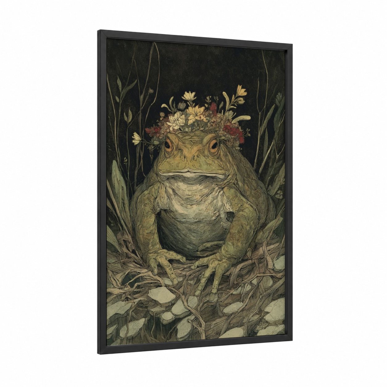Crowned Toad framed frogs and toads print — black wood frame — gold and russet palette