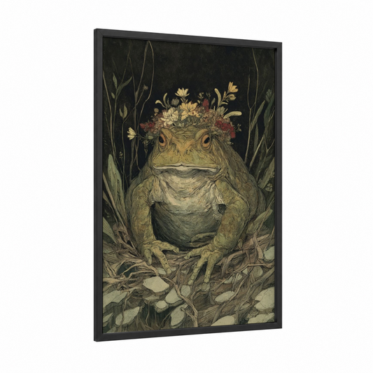 Crowned Toad framed frogs and toads print — black wood frame — gold and russet palette