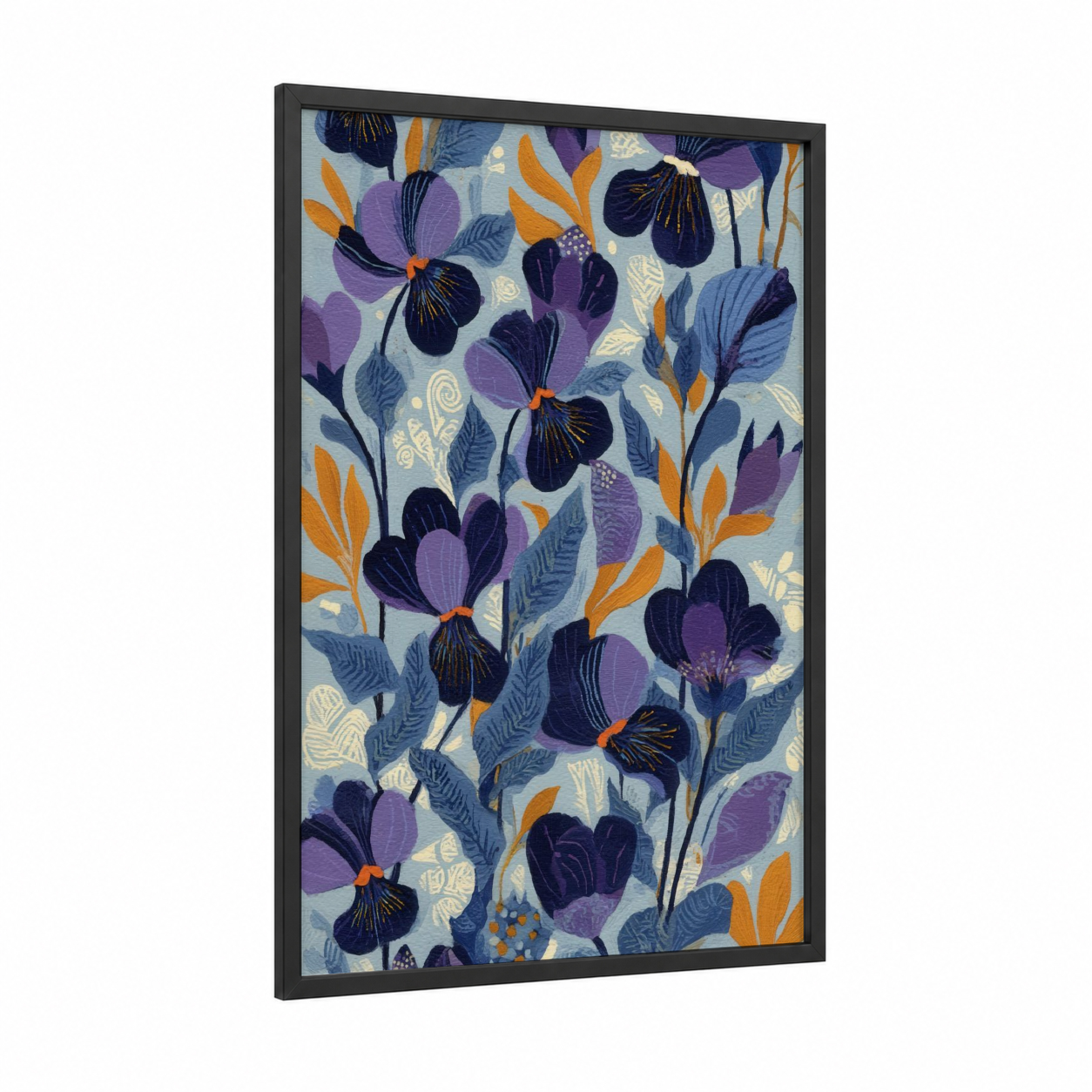 Midnight Violets framed art print — black wood frame — blue and purple palette