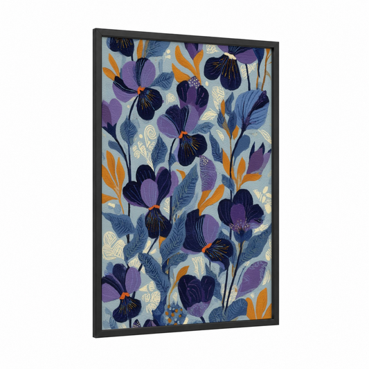 Midnight Violets framed art print — black wood frame — blue and purple palette