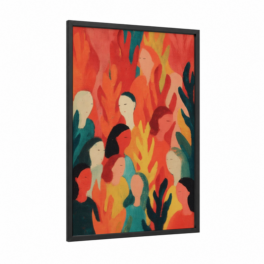 Pentecost Gathering framed art print — black wood frame — red and orange palette