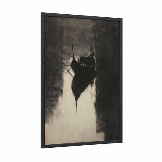 Moody Gondola framed art print — black wood frame — black and white and dove gray palette