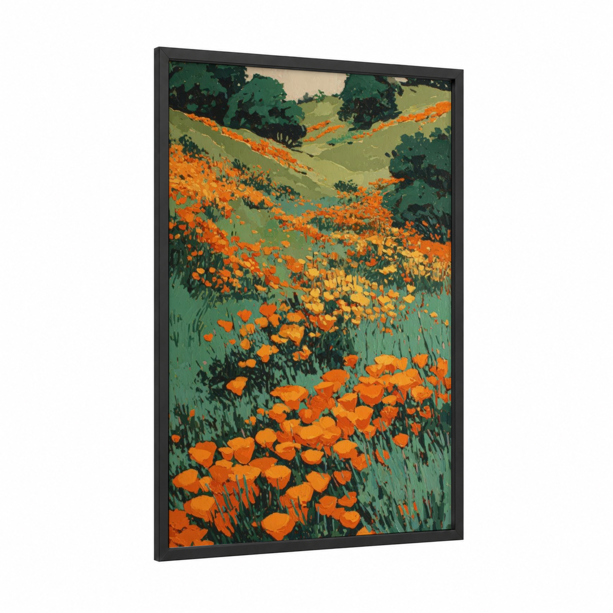 Golden Poppy Valley framed flower field print — black wood frame — orange and green palette