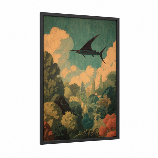 Soaring Marlin framed art print — black wood frame — teal and gold palette