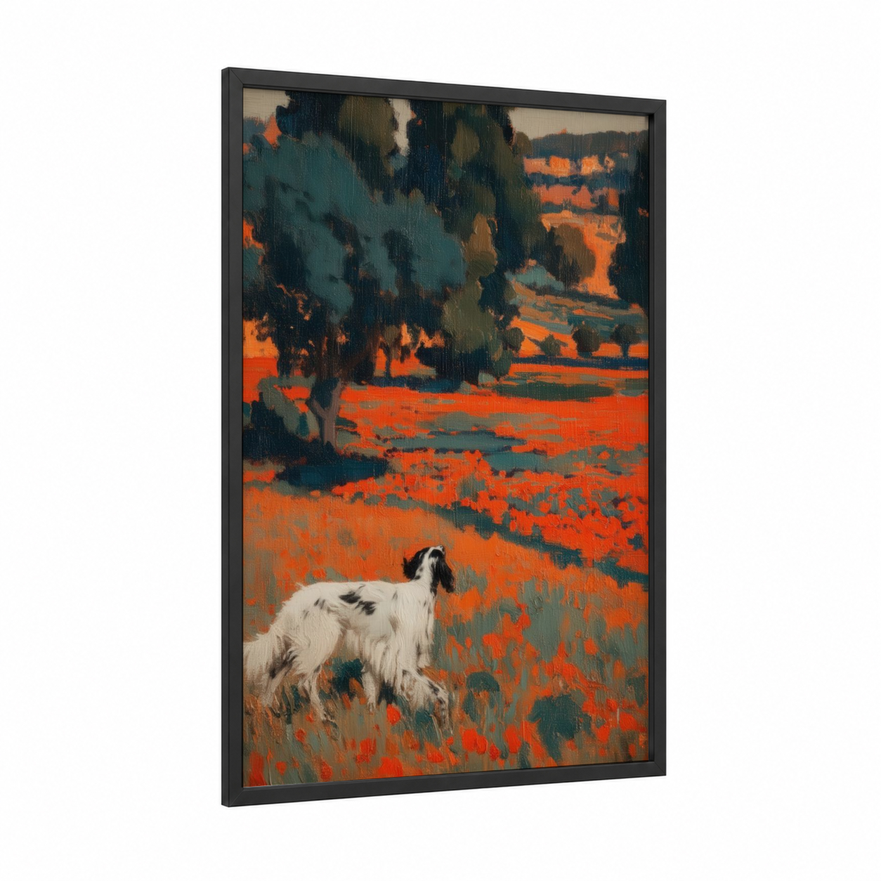 Russet Field Setter framed art print — black wood frame — orange and teal palette