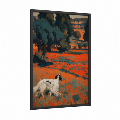 Russet Field Setter framed art print — black wood frame — orange and teal palette