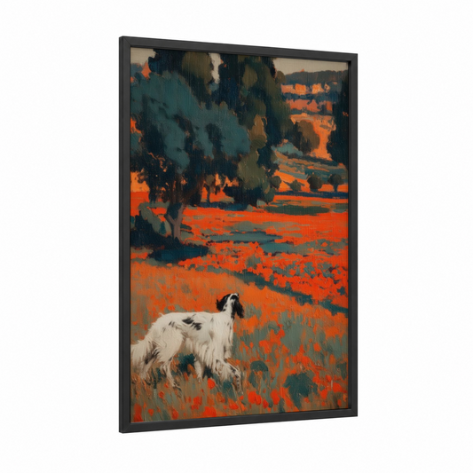 Russet Field Setter framed art print — black wood frame — orange and teal palette