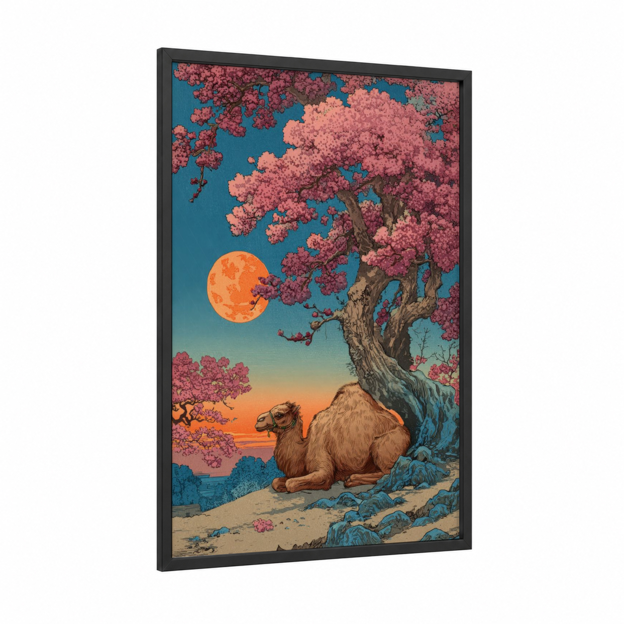 Desert Bloom Camel framed art print — black wood frame — teal and salmon pink palette