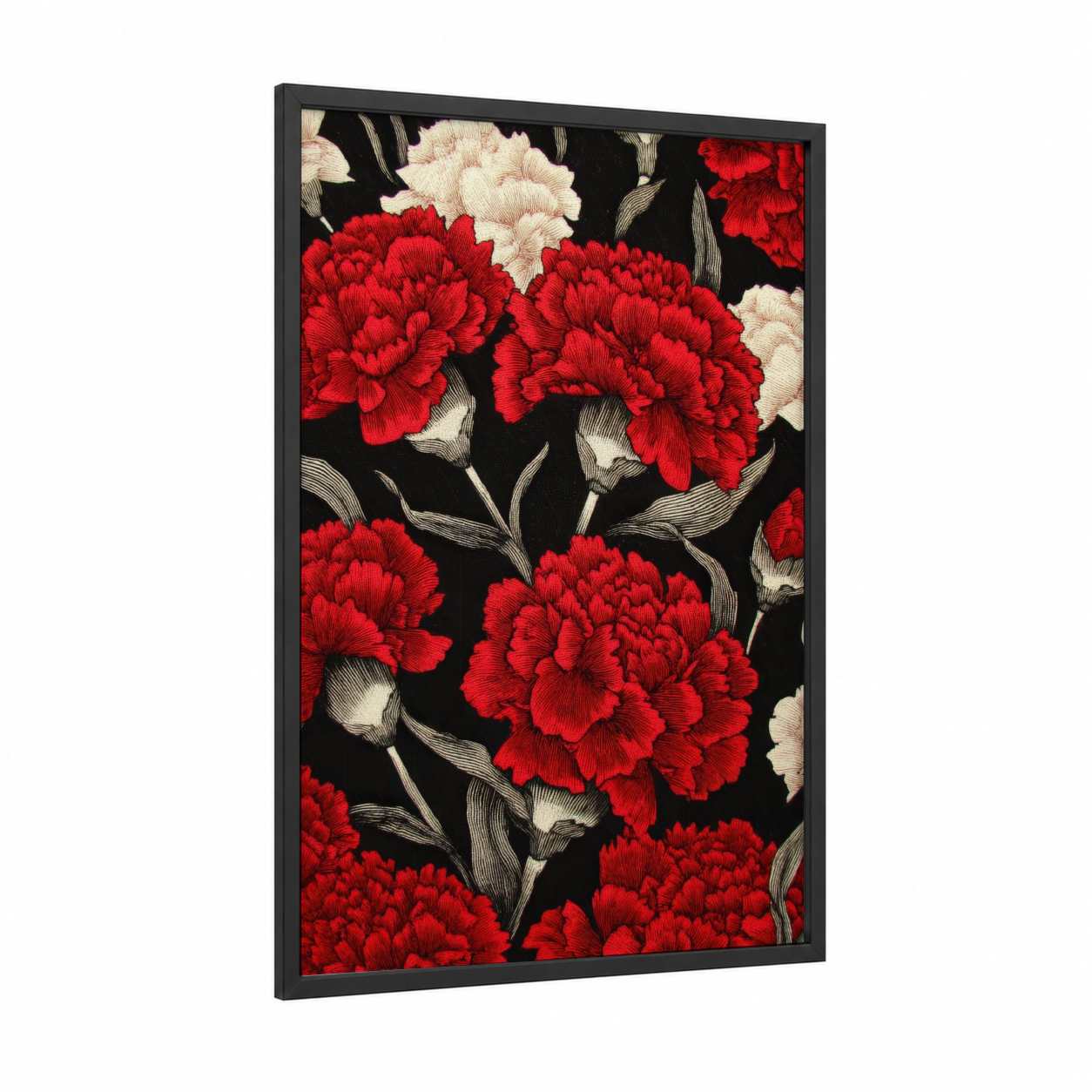 Crimson Carnation Blooms framed carnations print — black wood frame — red and black palette