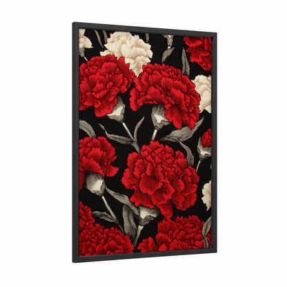 Crimson Carnation Blooms framed carnations print — black wood frame — red and black palette