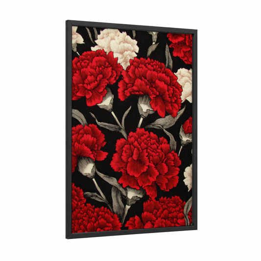 Crimson Carnation Blooms framed carnations print — black wood frame — red and black palette