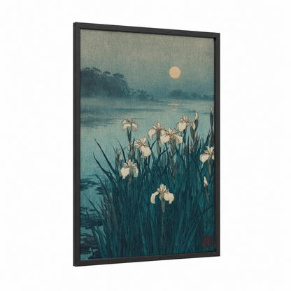 Moonlit Iris framed art print — black wood frame — teal and white palette