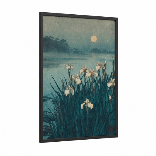 Moonlit Iris framed art print — black wood frame — teal and white palette
