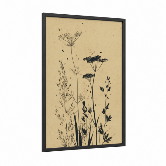 Botanical Herbs framed herbs and spices print — black wood frame — beige and black palette
