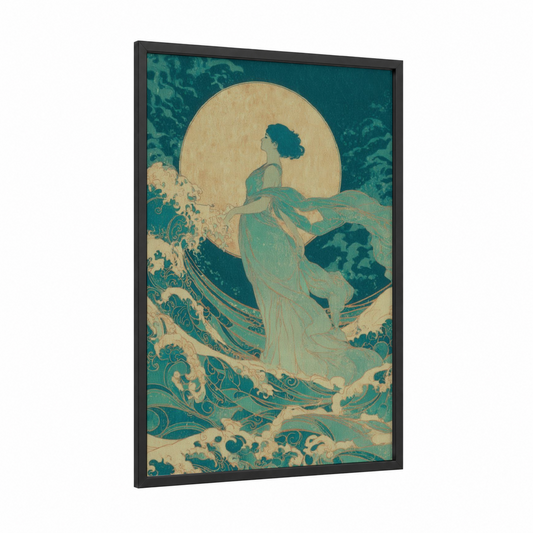 Celestial Aquarius framed art print — black wood frame — teal and cream palette