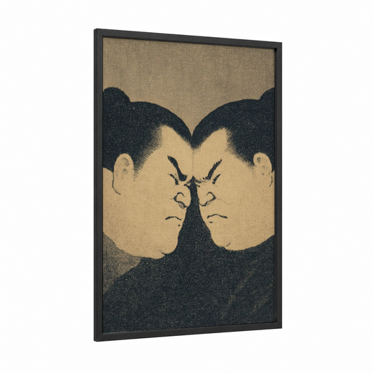 Intense Sumo Clash framed art print — black wood frame — black and white and cream palette