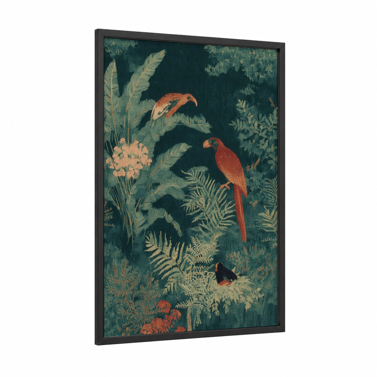 Tropical Parrots Island framed art print — black wood frame — dark green and gold and pink palette