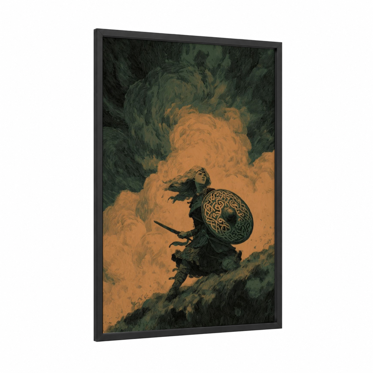 Desert Warrior Dwarf framed dwarves print — black wood frame — orange and dark green palette