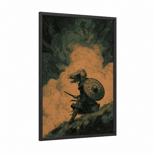 Desert Warrior Dwarf framed dwarves print — black wood frame — orange and dark green palette