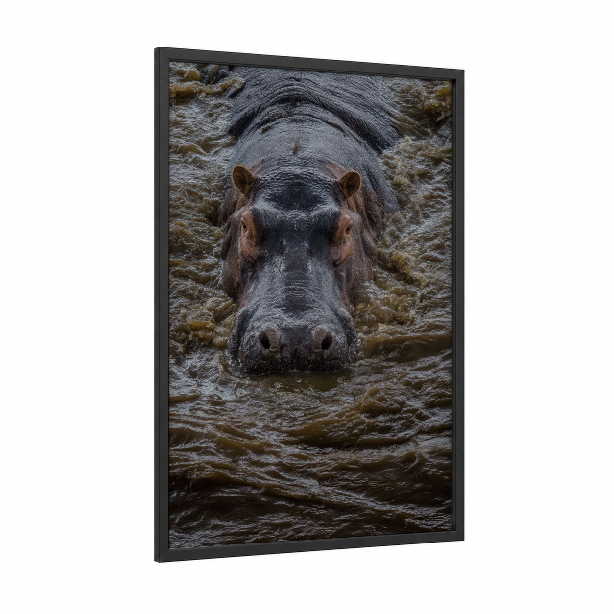 Muddy Water Hippo framed art print — black wood frame — gray and brown palette