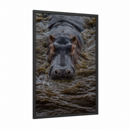 Muddy Water Hippo framed art print — black wood frame — gray and brown palette