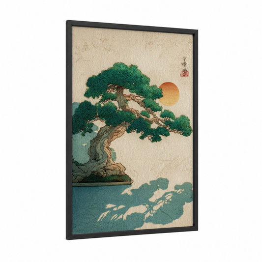 Golden Bonsai Sunset framed bonsai tree print — black wood frame — dark green and gold palette