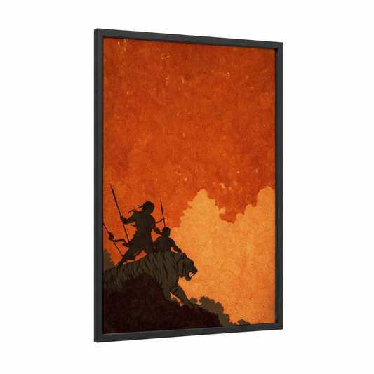 Divine Victory framed hindu holidays print — black wood frame — orange and gold palette