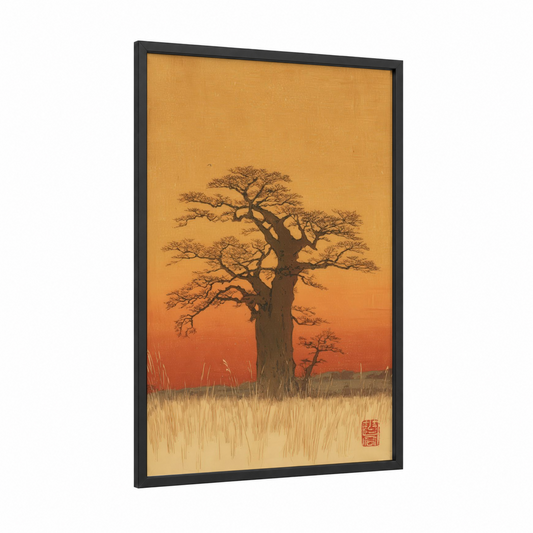 Baobab Tree Savanna framed savanna and desert trees print — black wood frame — yellow gold and orange palette