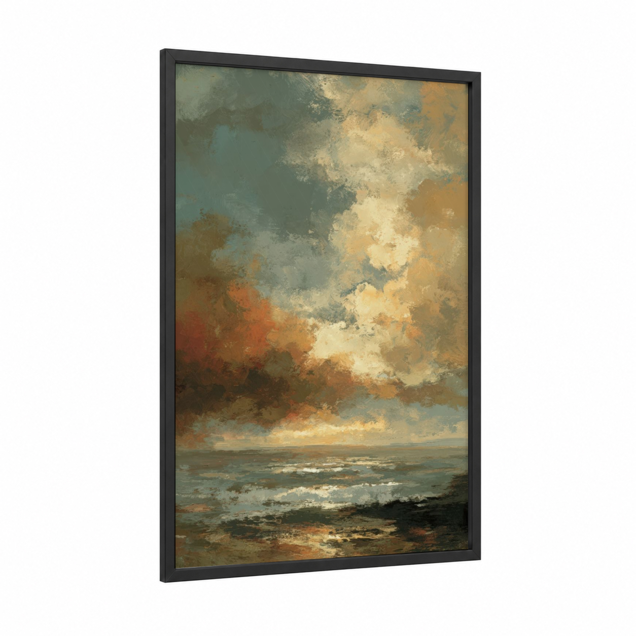 Coastal Sunrise framed art print — black wood frame — gold and teal palette